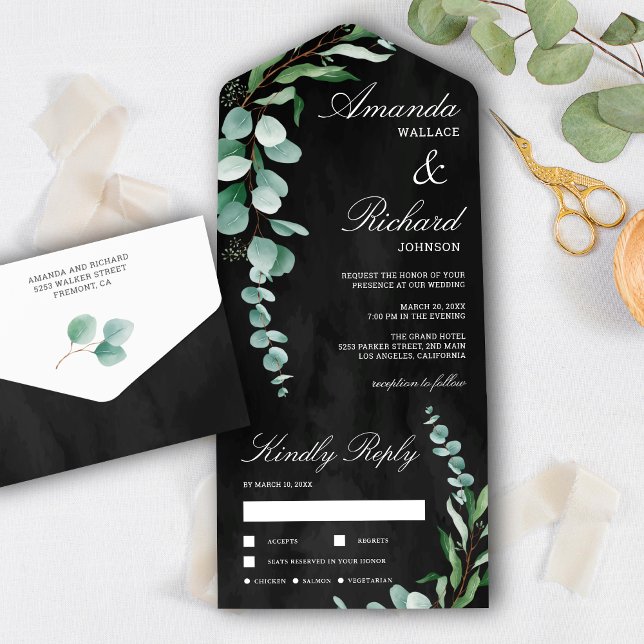 Eucalyptus Branch Foliage Charcoal Grey Wedding All In One Invitation (Creator Uploaded)