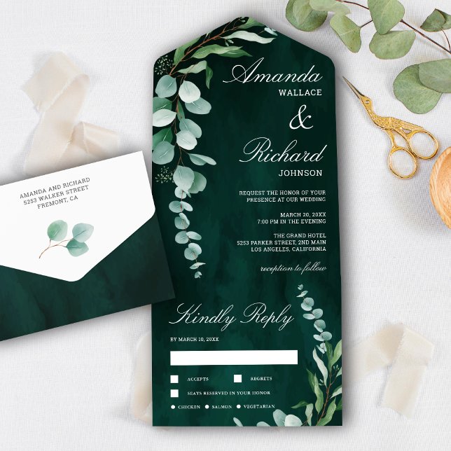 Eucalyptus Branch Foliage Emerald Green Wedding All In One Invitation (Creator Uploaded)