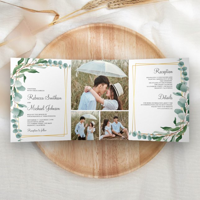 Eucalyptus Branch Gold Frame Photo Collage Wedding Tri-Fold Invitation (Creator Uploaded)