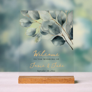 Eucalyptus branch green and gold welcome sign