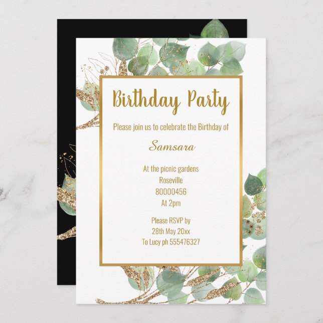 Eucalyptus Branch Green Gold Trim 2 Birthday  Invitation (Front/Back)