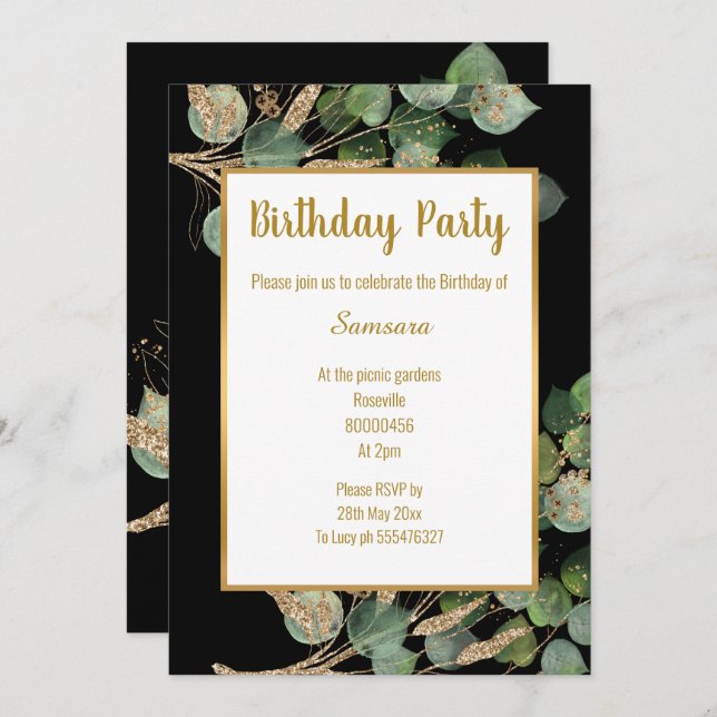 Eucalyptus Branch Green Gold Trim Birthday  Invitation (Front/Back)