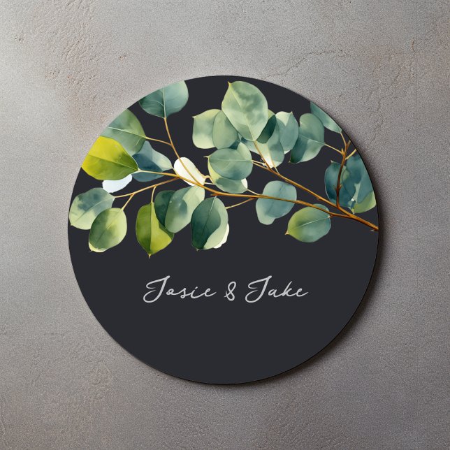 Eucalyptus branch green names wedding sticker (Creator Uploaded)