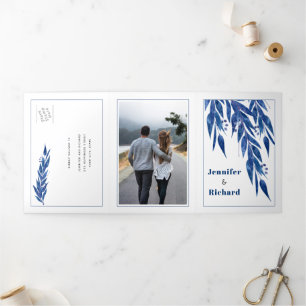 Eucalyptus branch in blue colour autumn wedding Tri-Fold invitation