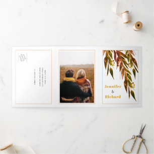 Eucalyptus branch in fall colours autumn wedding Tri-Fold invitation