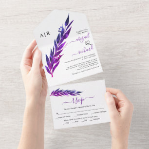 Eucalyptus branch in purple colour winter wedding all in one invitation
