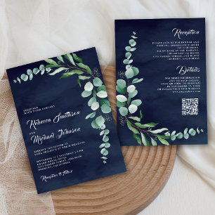 Eucalyptus Branch Navy Blue QR Code Wedding Invitation