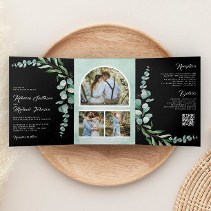 Eucalyptus Branch Photo QR Code Black Wedding Tri-Fold Invitation