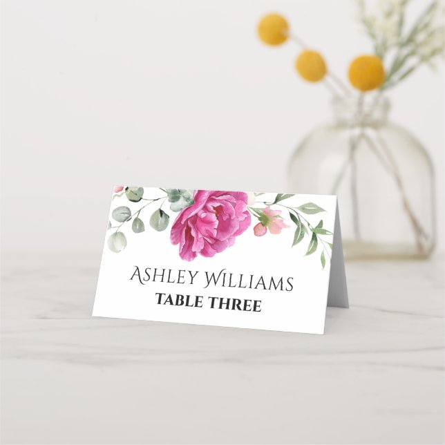 Eucalyptus branch pink rose flowers wedding place card (Front)