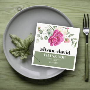 Eucalyptus branch pink rose white flowers wedding napkin