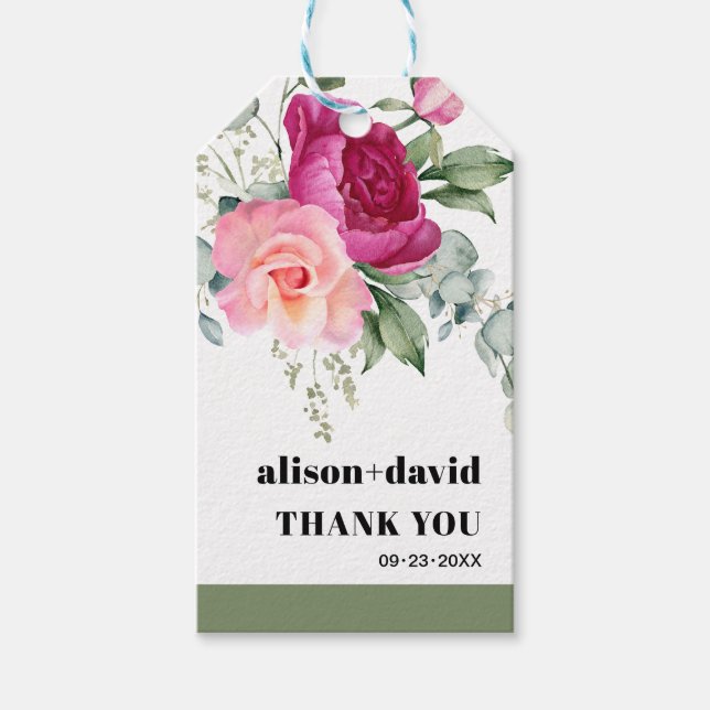 Eucalyptus branch, pink roses typography wedding gift tags (Front)