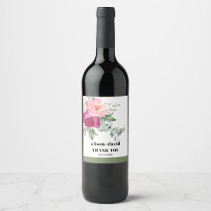 Eucalyptus branch, pink roses typography wedding wine label