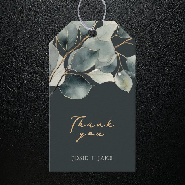 Eucalyptus branch pretty leaves wedding favour tag (Dark green and gold Eucalyptus branch pretty leaves wedding favor tag)