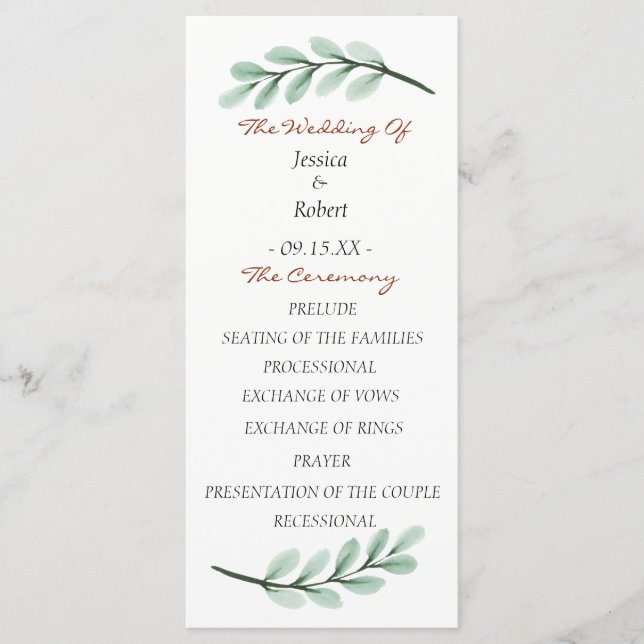 Eucalyptus Branch Wedding Program Programme (Front)