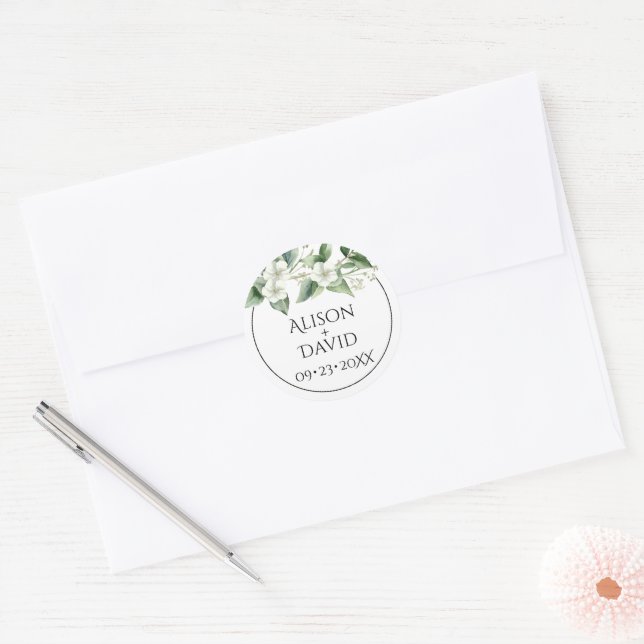 Eucalyptus branch, white flowers floral wedding classic round sticker (Envelope)