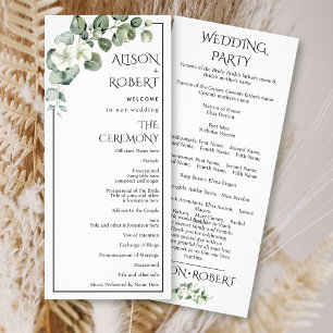Eucalyptus branch, white flowers wedding program rack card