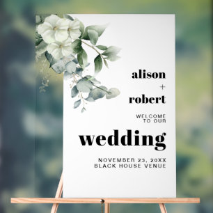 Eucalyptus branch, white flowers wedding WELCOME Acrylic Sign