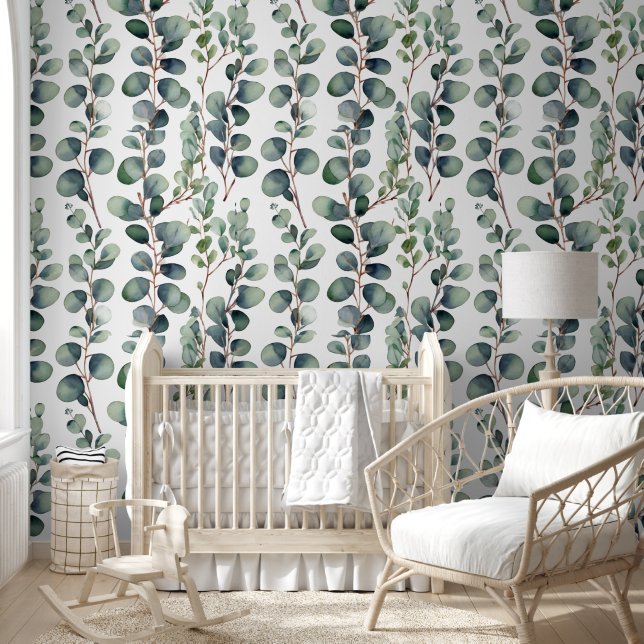 Eucalyptus Branches Greenery White Elegant Trendy Wallpaper (Kids)