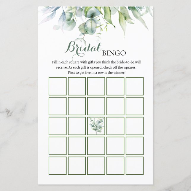 Eucalyptus Bridal Shower Bingo Game  (Front)