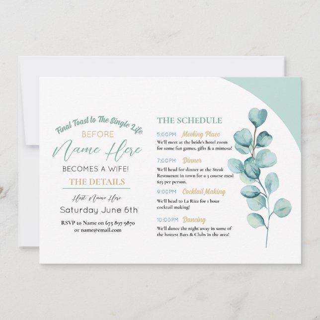 Eucalyptus Bridal Shower Party Leave Mint Invitation (Front)