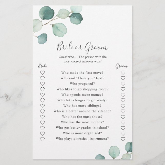Eucalyptus Bride Groom Game Rustic Bridal Shower (Front)