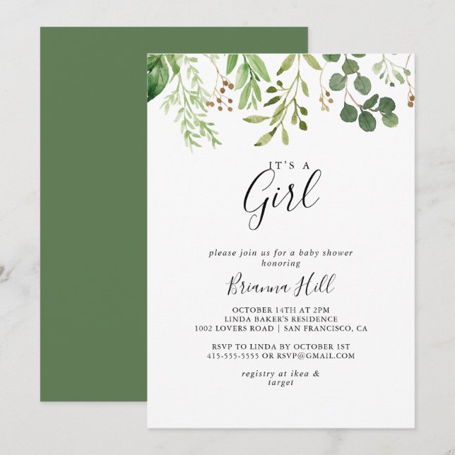Eucalyptus Brown Floral It's A Girl Baby Shower Invitation (Front/Back)