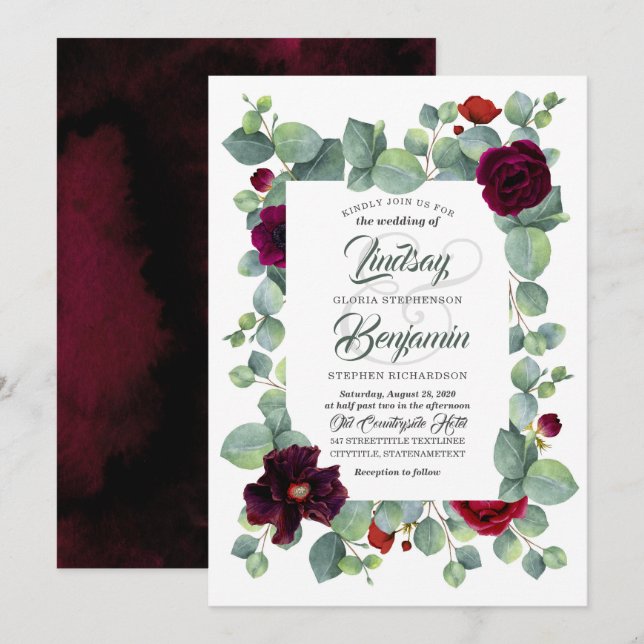Eucalyptus | Burgundy Floral Chic Modern Wedding Invitation (Front/Back)