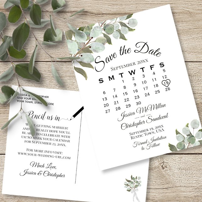 Eucalyptus Calendar White Wedding Save the Date Announcement Postcard (Front and Back)