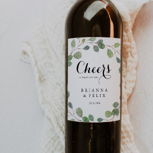 Eucalyptus Calligraphy Cheers Wedding Wine Labels
