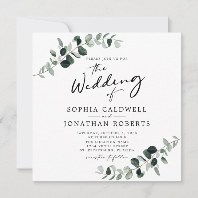 Eucalyptus Calligraphy QR Code Square Wedding Invitation (Front)