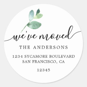 Eucalyptus Calligraphy We’ve Moved New Address Classic Round Sticker