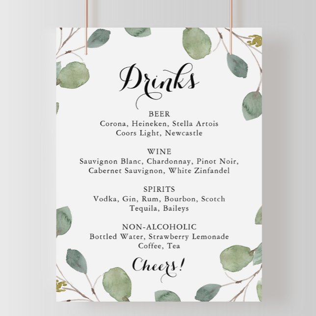 Eucalyptus Calligraphy Wedding Drinks Menu Sign (Creator Uploaded)