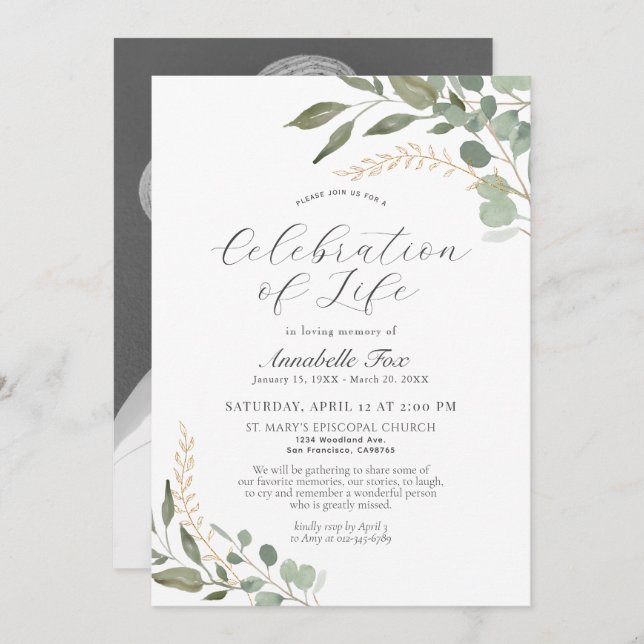 Eucalyptus Celebration of Life Funeral Memorial Invitation (Front/Back)