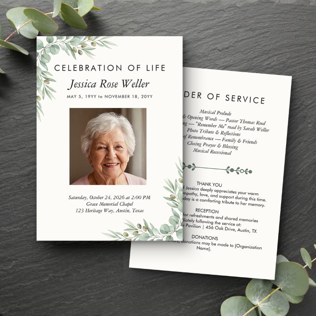 Eucalyptus Celebration of Life Photo Program Invitation (Order of Service card from the Eucalyptus Celebration of Life collection by Darling & May)
