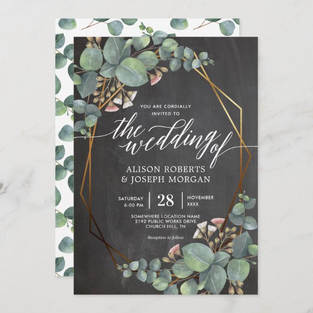 Eucalyptus chalkboard geometric frame wedding invitation (Front/Back)