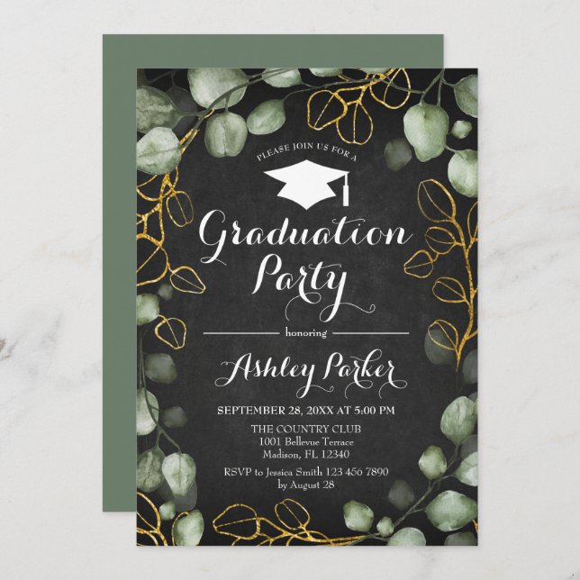 Eucalyptus Chalkboard Wreath Graduation Party Invitation (Front/Back)