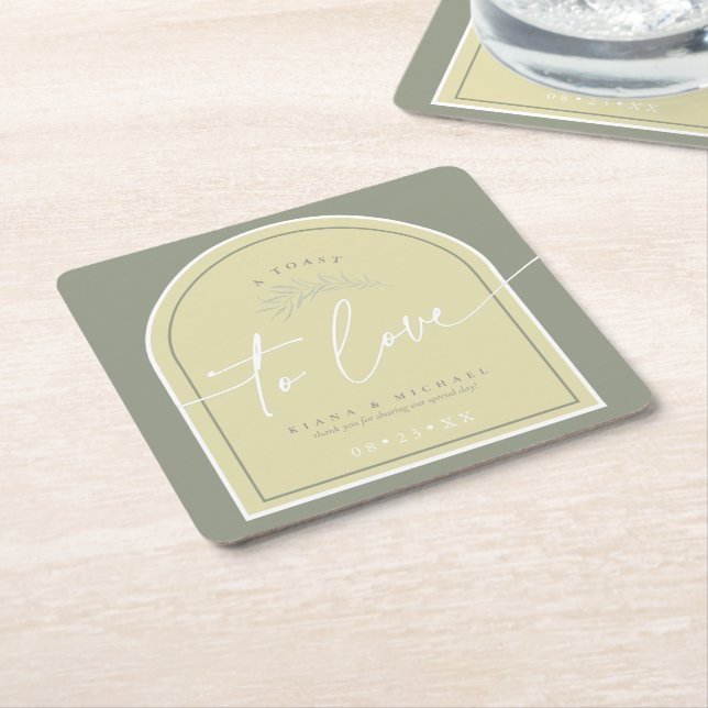 Eucalyptus Colour Tones Wedding Toast Green ID901 Square Paper Coaster (Angled)
