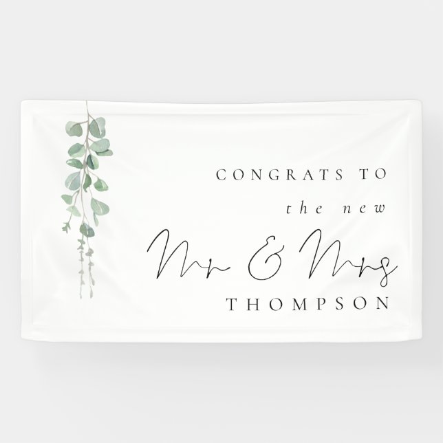 Eucalyptus Congrats to New Mrs Mrs Name Wedding Banner (Horizontal)