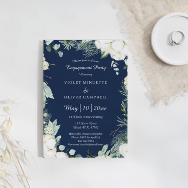Eucalyptus Cotton | Navy Modern Engagement Party Invitation (Creator Uploaded)