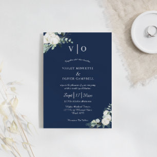 Eucalyptus Cotton Navy Modern Monogram Wedding Invitation