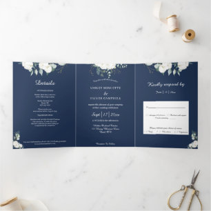 Eucalyptus Cotton Navy Modern Tri-Fold Invitation