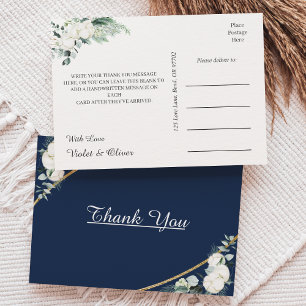 Eucalyptus Cotton Navy Modern Wedding Thank You Postcard