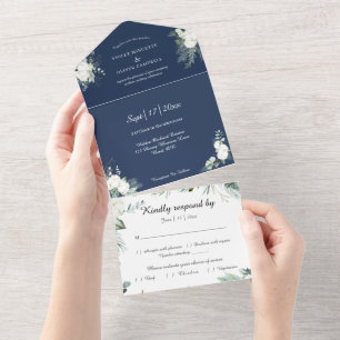 Eucalyptus Cotton   Navy Modern White RSVP All In One Invitation