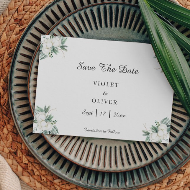 Eucalyptus Cotton | White Modern Wedding Save The Date (Creator Uploaded)