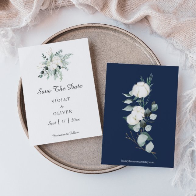 Eucalyptus Cotton | White Modern Wedding Save The Date (Creator Uploaded)