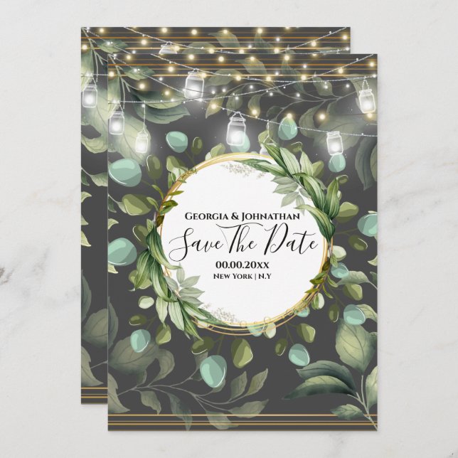 Eucalyptus country garden string lights grey gold save the date (Front/Back)