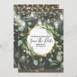 Eucalyptus country garden string lights grey gold save the date