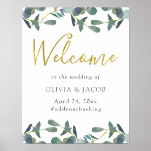 Eucalyptus Crest   Faux Gold Text Wedding Welcome Poster