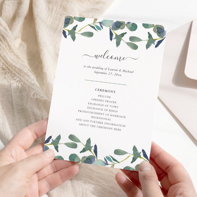 Eucalyptus Crest | Green Leaves Watercolor Wedding Programme (An elegant wedding program decorated with watercolor eucalyptus leaves)