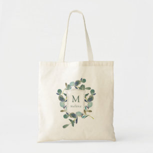 Eucalyptus Crest Watercolor Leaves and Monogram Tote Bag